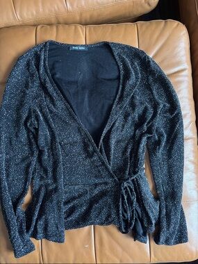 Black Metallic Wrap V-Neck Top with Tie